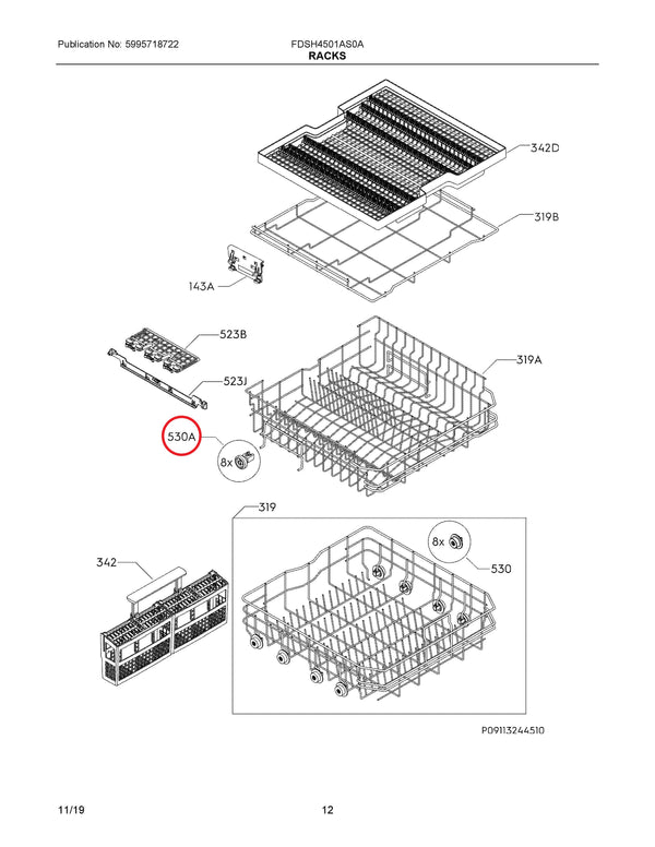 Frigidaire Dishwasher Wheel Assemblies / Transport Assemblies 5028696700 (OEM) Dishwasher Frigidaire